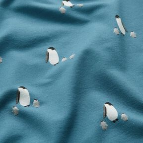 GOTS French Terry sommersweat Pinguïnfamilie Digitaal printen – jeansblauw, 