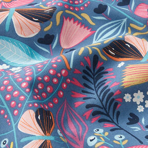 Katoenen stof Cretonne Vlinders en bloemen – blauwgrijs/pink, 