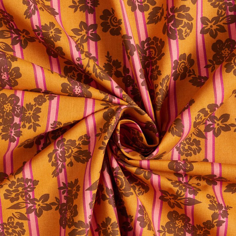 Katoenen stof Cretonne Bloemen op strepen – currygeel/purper,  image number 3