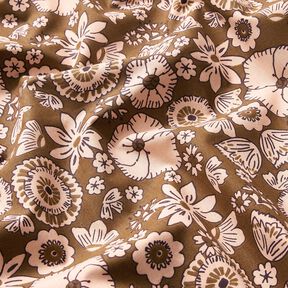 Katoenen stof Cretonne Retrobloemen – olijf/roos, 