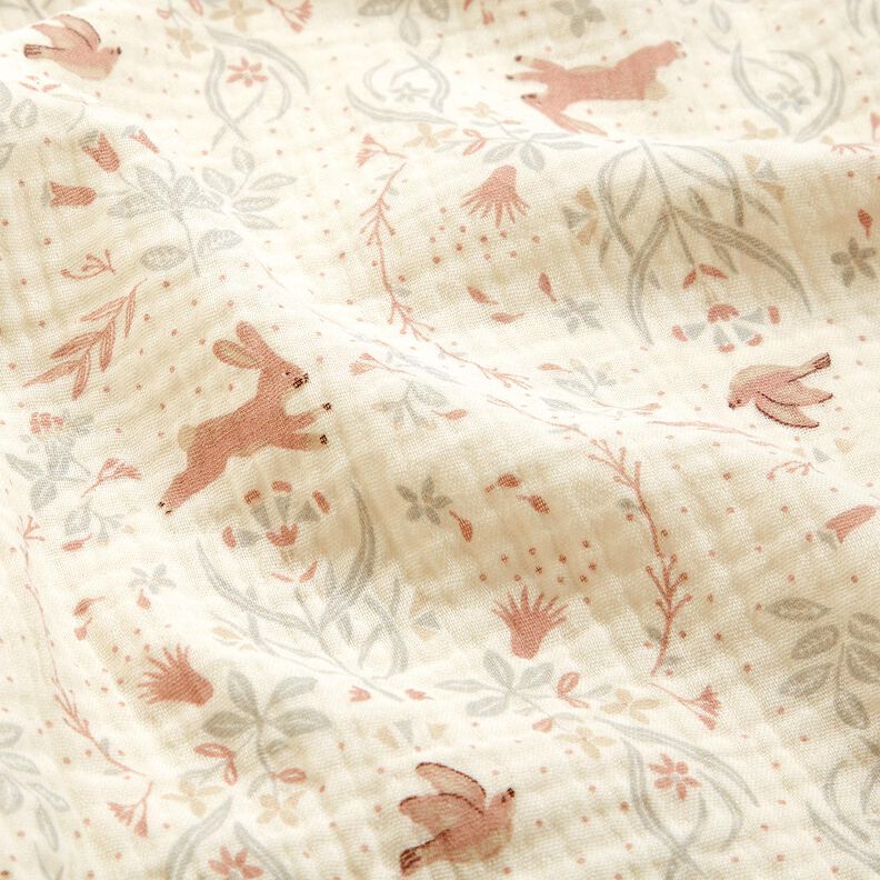 Mousseline/dubbel gehaakte stoffen Vogel en konijn in de bloementuin – ecru,  image number 2