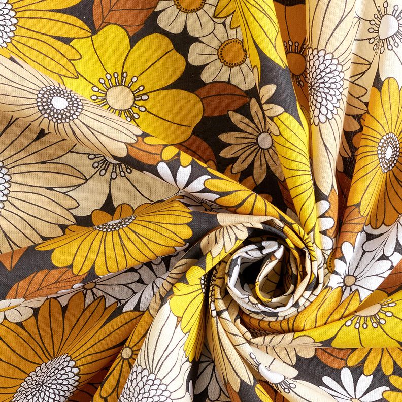 Katoenen stof Cretonne grote retrobloemen – zwart/zonnegeel,  image number 3