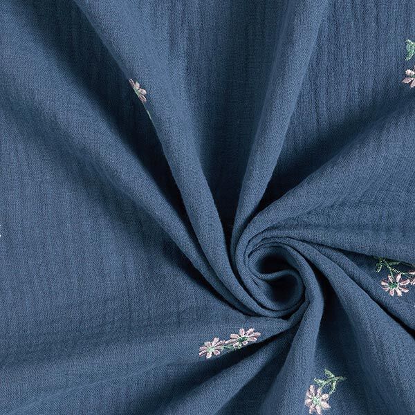 Mousseline/dubbel gehaakte stoffen opgestikte bloemen – jeansblauw,  image number 3