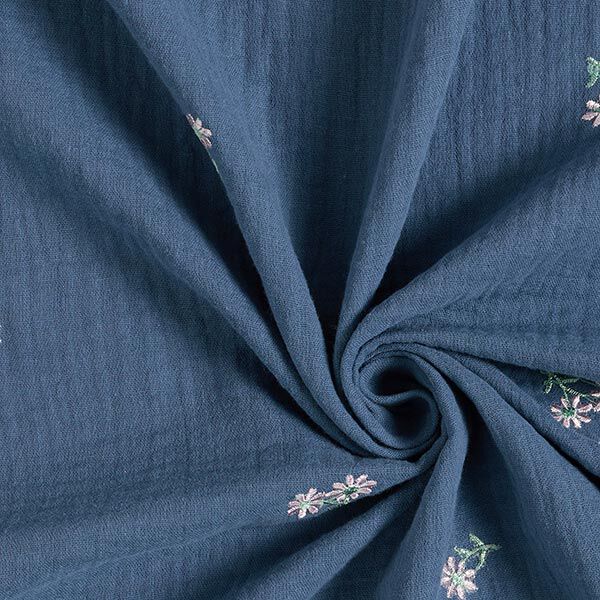 Mousseline/dubbel gehaakte stoffen opgestikte bloemen – jeansblauw, image number 3