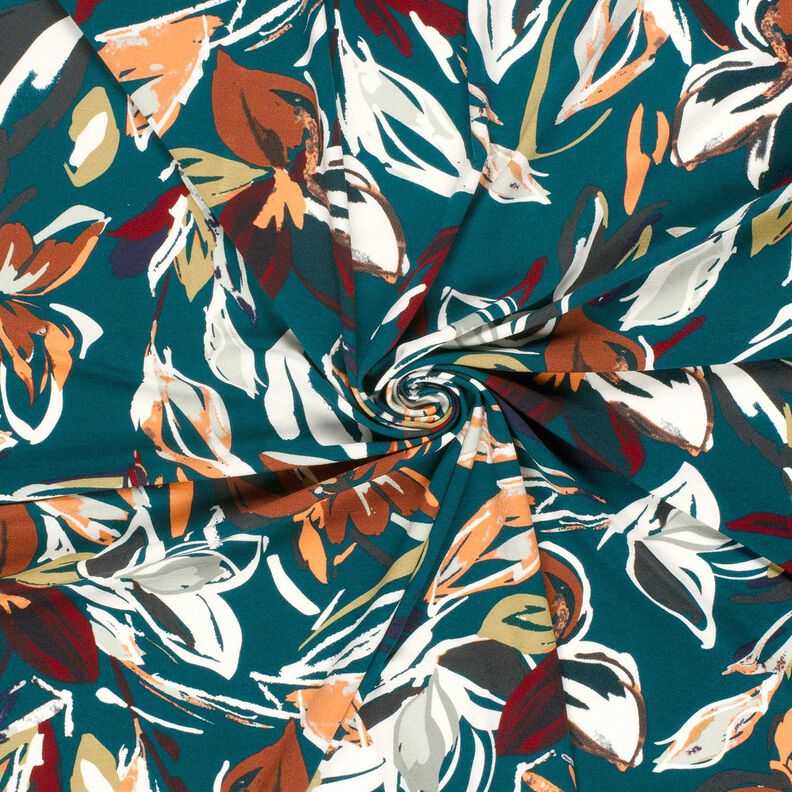 Viscosejersey moderne bloemen – petroleum/koper, image number 3