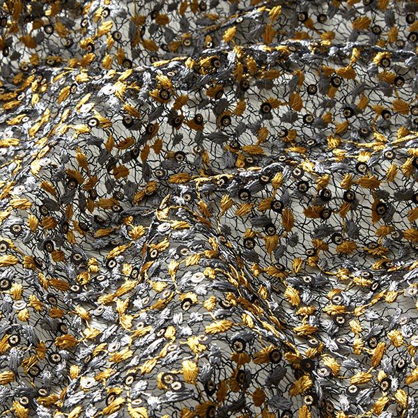 Kanten stof bloemenranken en pailletten – zwart/goud,  image number 2