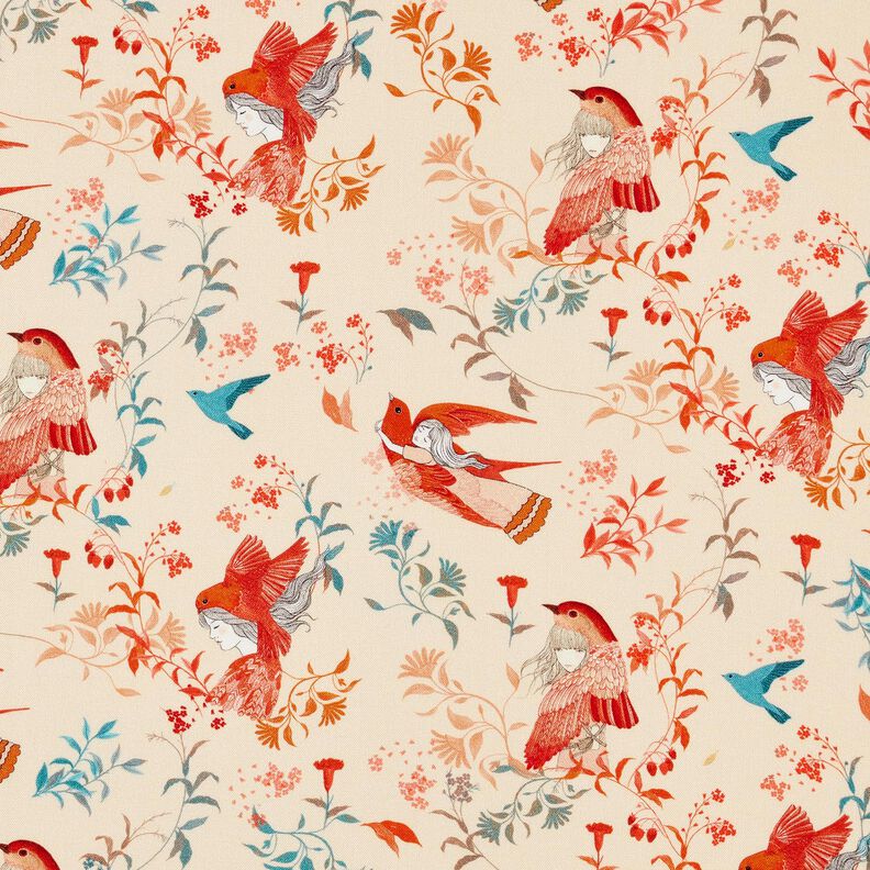 LENZING™ ECOVERO™ viscosestof Vogels en Feeën | Katia Fabrics – creme/vuurrood,  image number 1