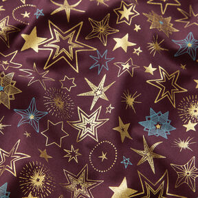 Katoenen stof Popeline Grote sterren – merlot/goud, 