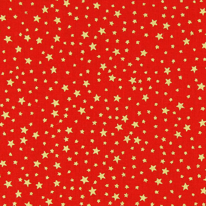 Katoenen stof cretonne Kerst sterrenhemel klein – rood/goud, image number 1