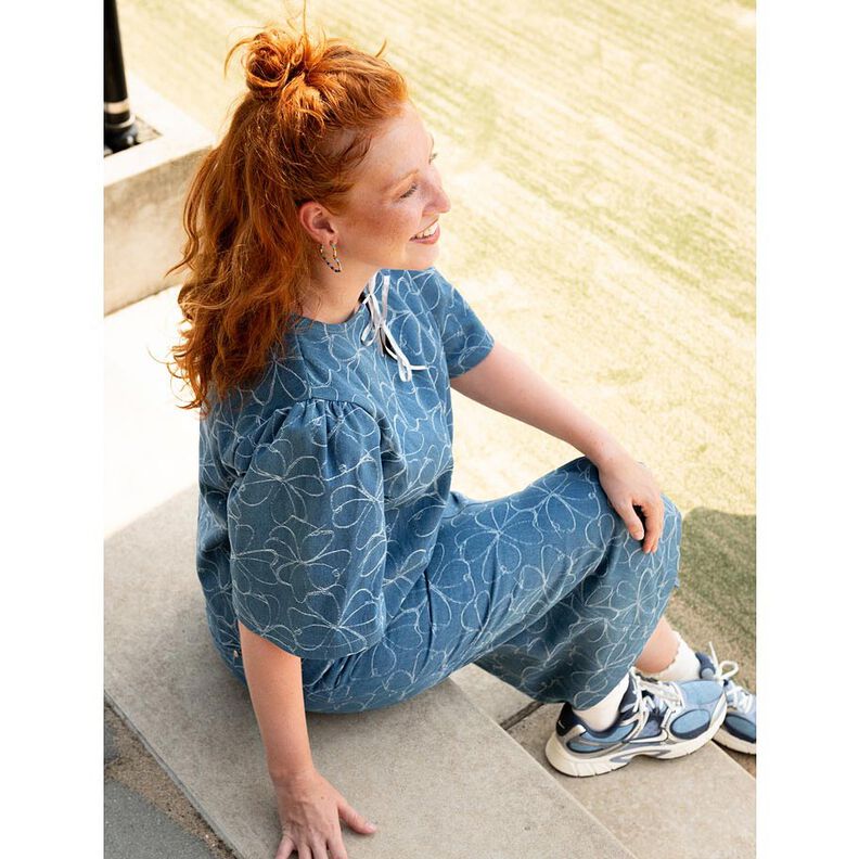 Jeans Jacquard Bloemen | Poppy Fabrics – jeansblauw,  image number 5