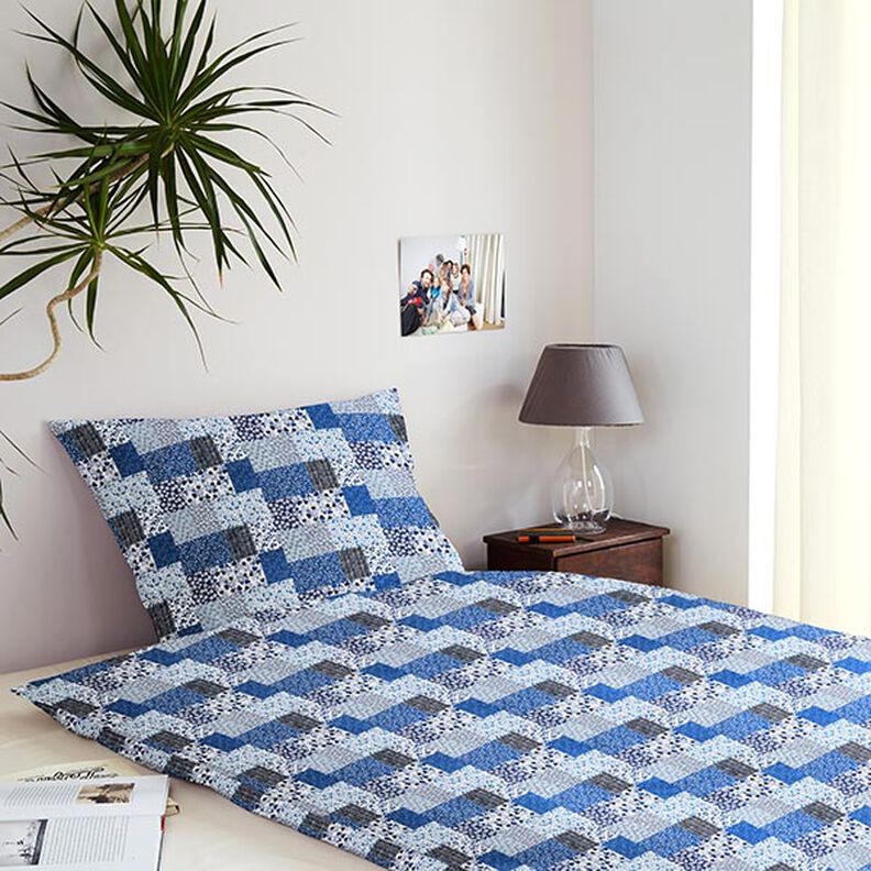 Katoenen stof Cretonne Patchwork-look – wit/blauw,  image number 6