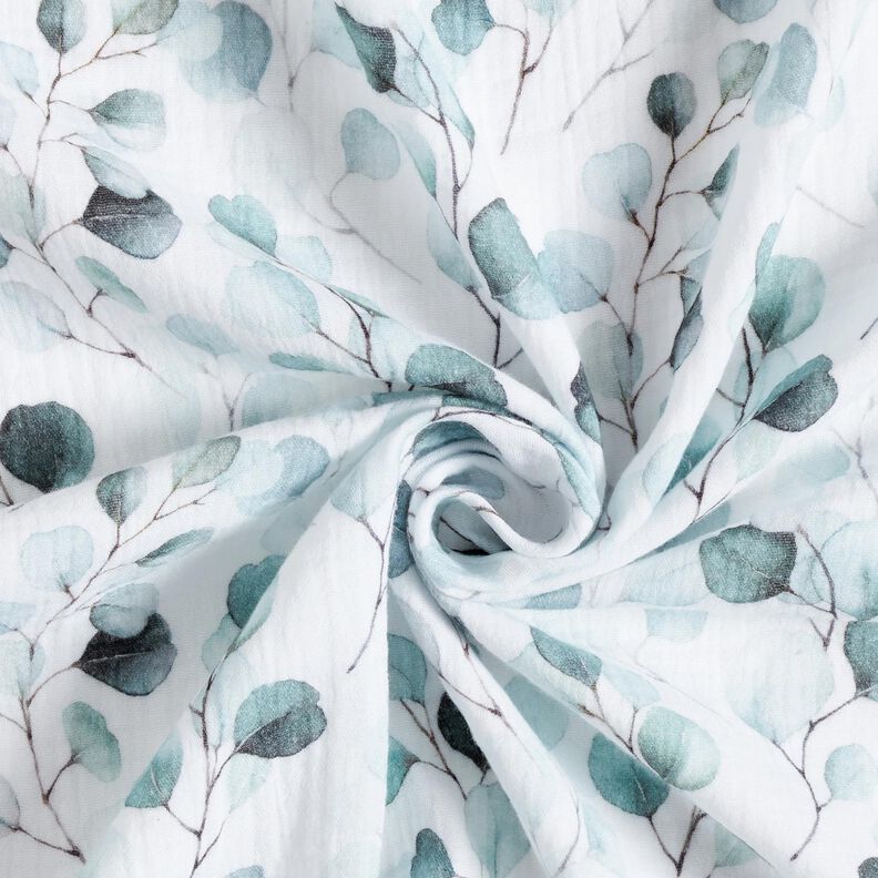 Mousseline/dubbel gehaakte stoffen Aquarel eucalyptusranken Digitaal printen – wit | Stofrestant 70cm,  image number 3