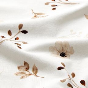 GOTS Katoenjersey Digitale print van aquarelbloemen en takken – wit/lichtbruin, 