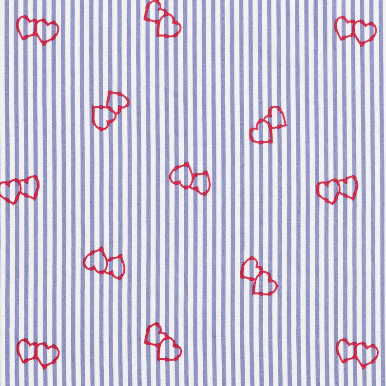 Popeline stretch Strepen en harten – wit/indigo,  image number 1
