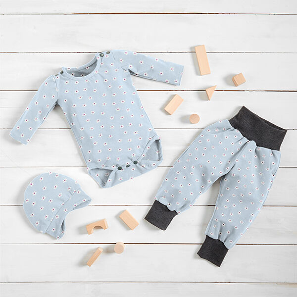 Katoenjersey Schattige bloemetjes – babyblauw, image number 7