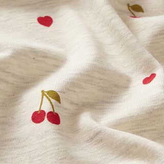 Katoenjersey Kersen en hartjes – natuur/lichtgrijs, 