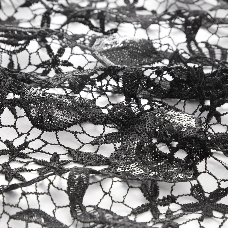 Kanten stof met pailletten en gekartelde rand – zwart,  image number 2