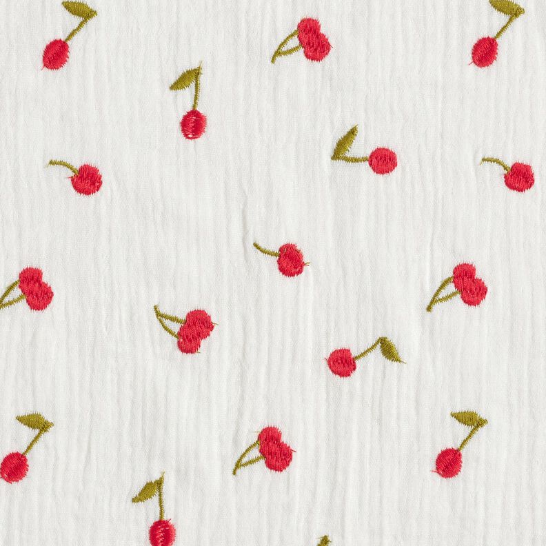 Mousseline/dubbel gehaakte stoffen opgestikte kersen | Poppy Fabrics – wit/vuurrood,  image number 1