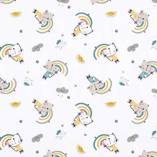 Katoenen stof Cretonne katten met regenboogparaplu's – wit, image number 1