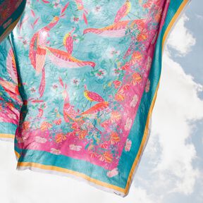 Strandkleding paneel pareo pauwen en bloemen – aquablauw/intens roze, 