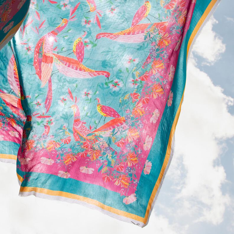 Strandkleding paneel pareo pauwen en bloemen – aquablauw/intens roze, image number 2