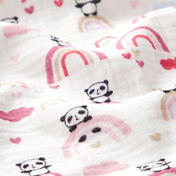 Mousseline/dubbel gehaakte stoffen Panda's op regenbogen – wit/roze, image number 2