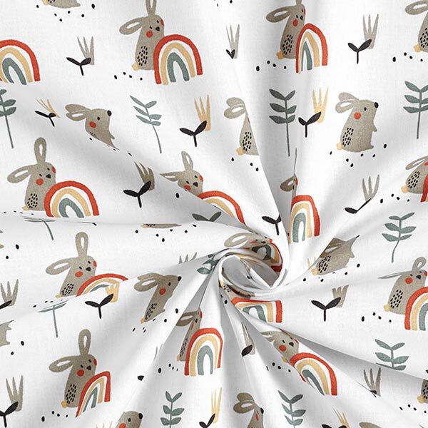 Katoenen stoffen Cretonne Haas en regenboog – wit/taupe, image number 3