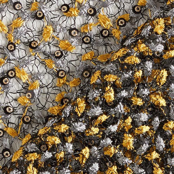 Kanten stof bloemenranken en pailletten – zwart/goud,  image number 4
