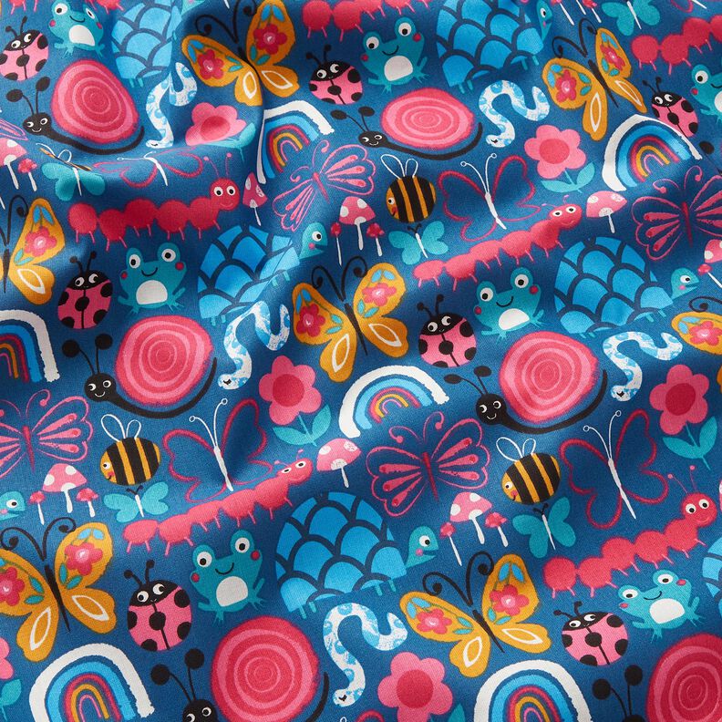 Katoenen stof Cretonne Vlinders en bijen – oceaanblauw/intens roze, image number 2