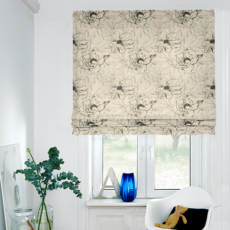 Decostof Half panama getekende bloemen – anemoon/zwart, image number 7