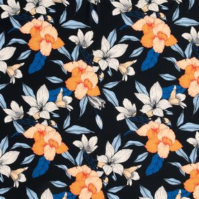 Badpakstof grote hibiscusbloemen – zwart blauw/perzik, 