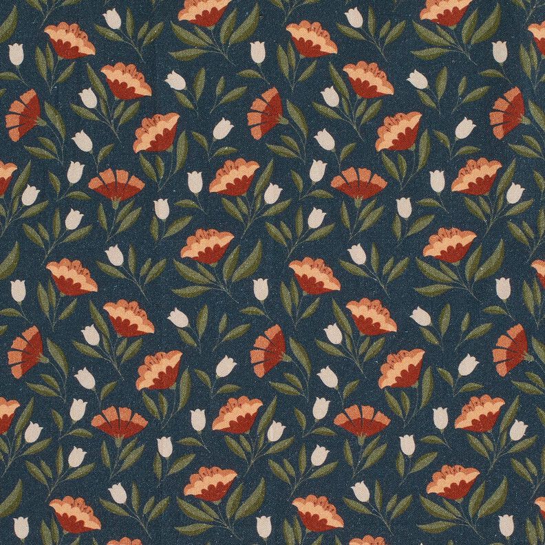 Katoenen stof Popeline delicate bloemen – zwart blauw/terracotta, image number 1