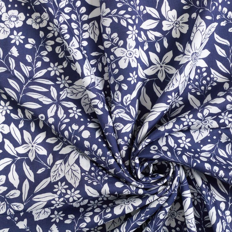Viscosestof Bloemen en takken – indigo/wit, image number 3