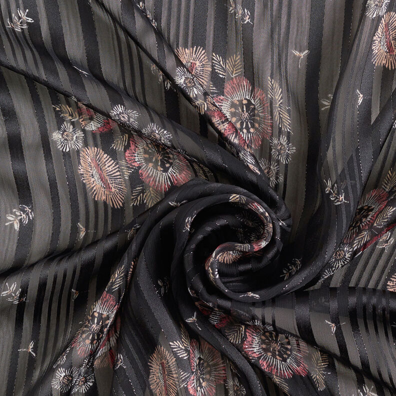 Chiffon met satijn en metallic strepen bloemen – zwart/wit,  image number 4