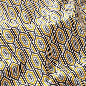 Katoenen stof Cretonne Retromotief zeshoeken – marineblauw/okergeel, 