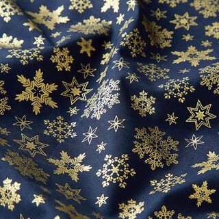 Katoen popeline glinsterende sneeuwvlokken – nachtblauw/goud, 