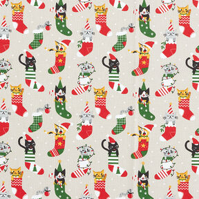 Katoenen stof Cretonne Kerstkatten – natuur, 