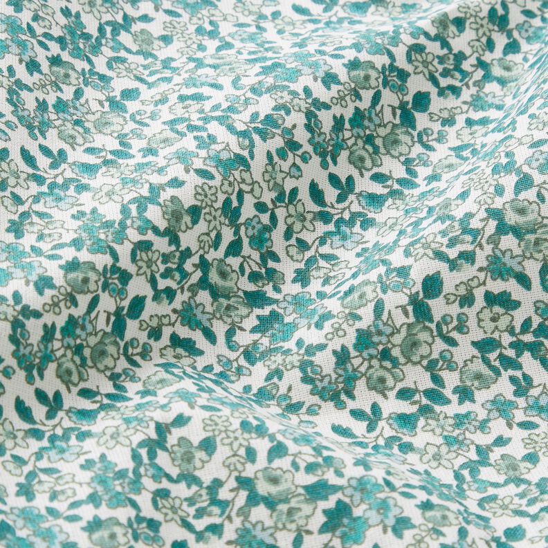 Katoenen stof Cretonne talrijke bloemen – petroleum/wit,  image number 2