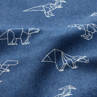 Jeansstof stretch Origami dinosaurussen – jeansblauw, 