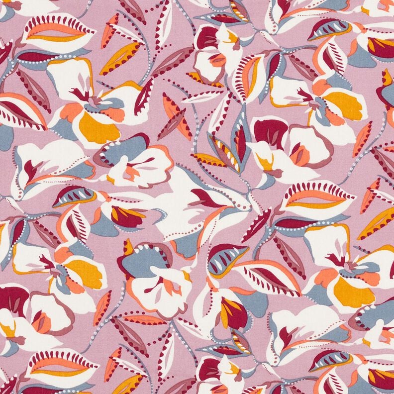 Viscosestof grafische bloemen en bladeren – ecru/donker oudroze,  image number 1