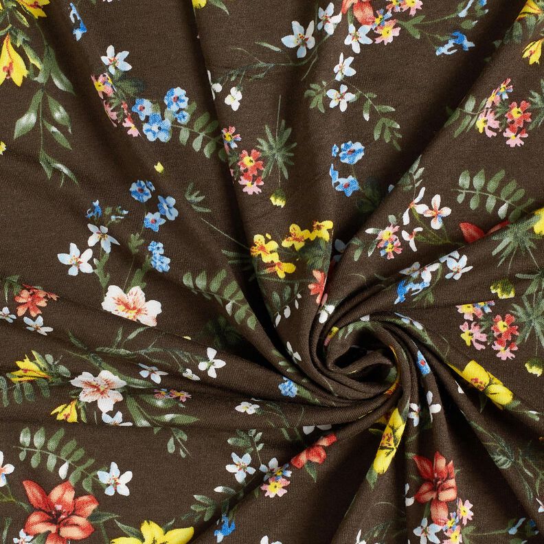 Viscosejersey Kleine bloempjes – donkerbruin/vuurrood,  image number 3