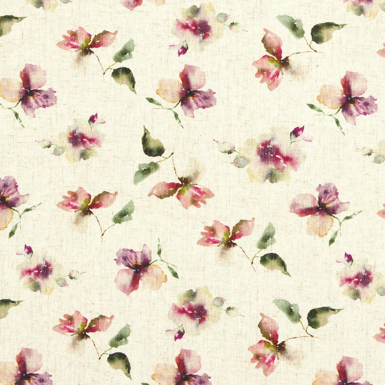Viscose-linnen-mix Aquarel bloemen – natuur/druif,  image number 1
