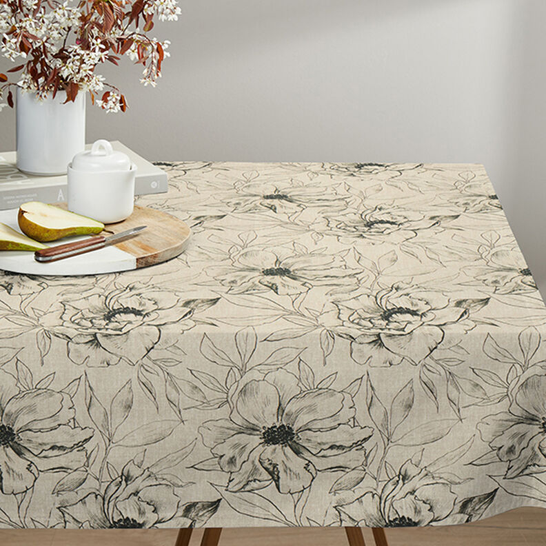 Decostof Half panama getekende bloemen – anemoon/zwart, image number 6