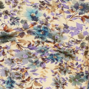 Viscosejersey bloemen en takken digitale print – zand/turkoois, 