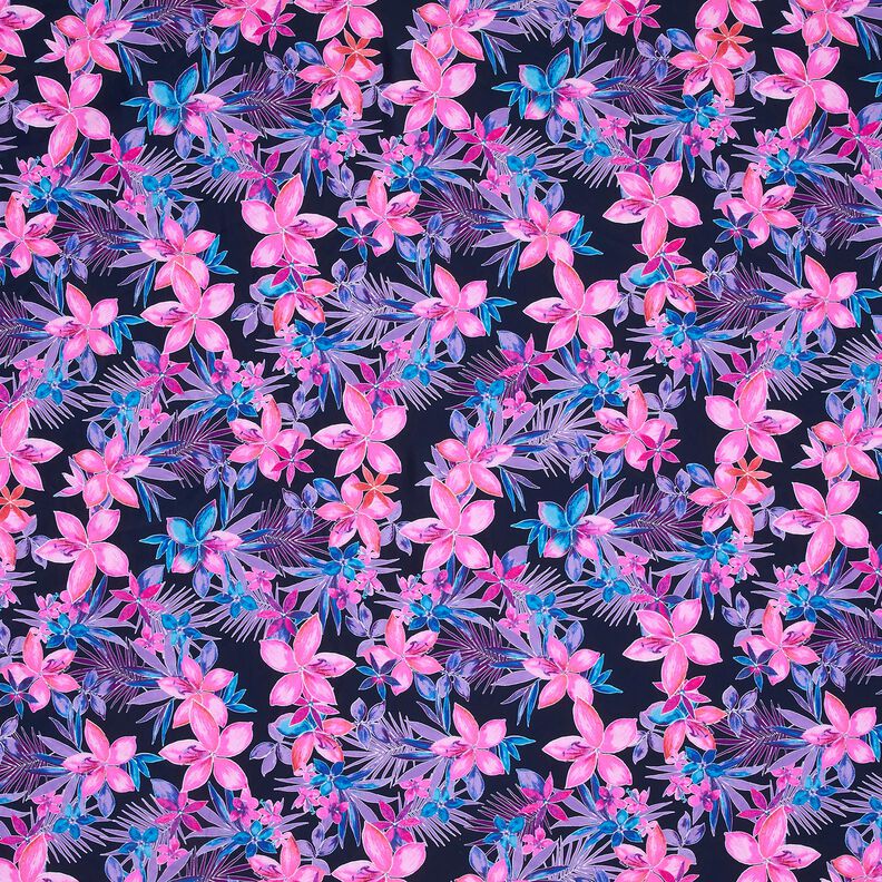 Badpakstof Tropische bloemen – marineblauw/pink,  image number 1