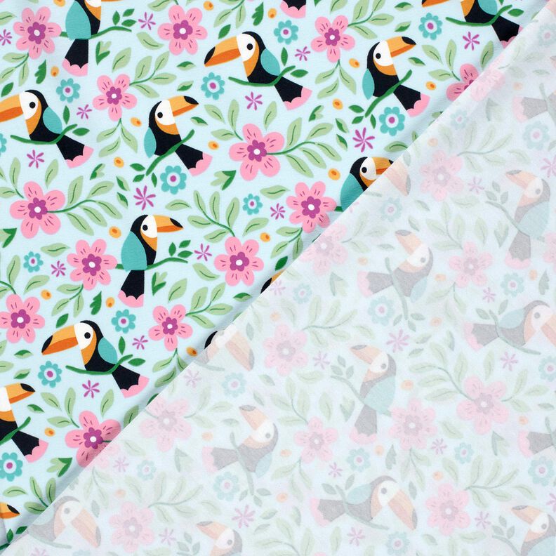 Katoenjersey Toekans in de bloemenjungle – babyblauw/oranje,  image number 4