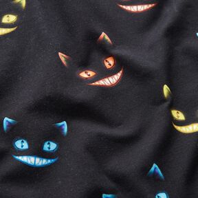 French Terry sommersweat Cheshire Cat Digitaal printen – zwart/kleurenmix, 
