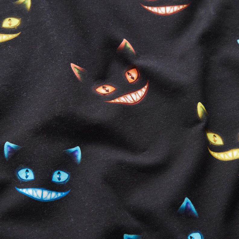French Terry sommersweat Cheshire Cat Digitaal printen – zwart/kleurenmix,  image number 2