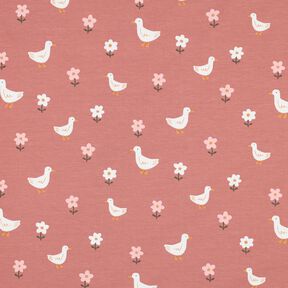 Katoenjersey Ganzen op de bloemenweide | Poppy Fabrics – donker oudroze/wit, 