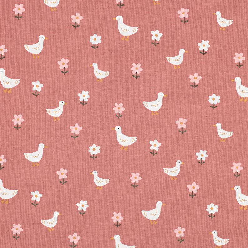 Katoenjersey Ganzen op de bloemenweide | Poppy Fabrics – donker oudroze/wit, image number 1